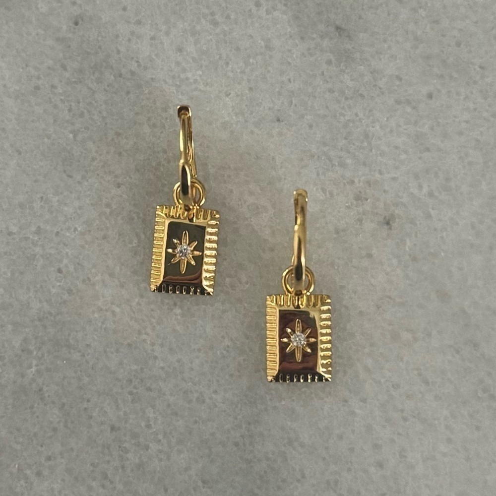 COPY - COPY - Gold Square Star Burst Crystal Pendant Huggie Hoop Dangle Earring…